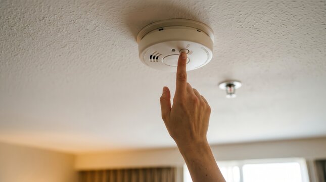 woman hotel room safety concept. Hand pressing a smoke detector test button on a ceiling indoors.
