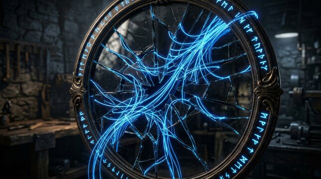Shattered clock emitting glowing blue energy in dark room