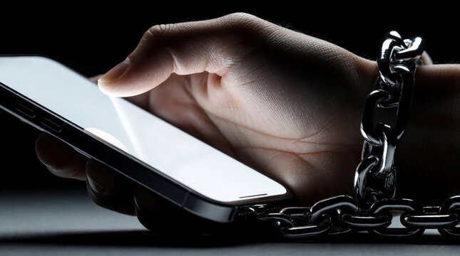 Human hand holds bright smartphone screen in dark room. Heavy metal chain wraps around wrist, mobile device. Concept of digital addiction, social media obsession, tech slavery. Person feels trapped