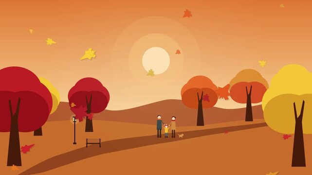 Pixel art family walking in autumn park animation