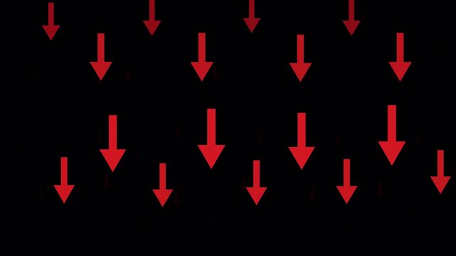 Seamless loop of falling red arrows animation for business decline and negative financial market trend motion graphics 4K animation, alpha chanel