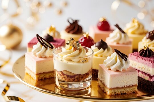 Assorted gourmet mini cakes, small desserts on gold platter. Variety of sweet pastry treats with chocolate, fruit, cream, gold leaf. Elegant confectionery display for wedding party, catering buffet