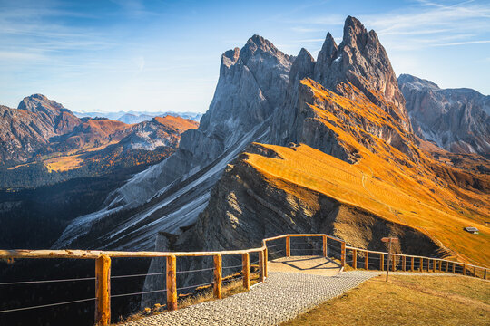 Seceda mountain ridge seen from the famous viewpoint in Dolomites