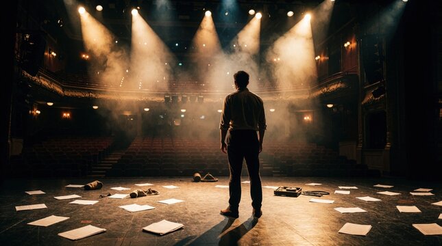 Male actor stands on empty theater stage rehearsing play. Dramatic spotlights shine through smoke in large auditorium. Scattered scripts, props lie on floor. Pro performer prepares for solo monologue