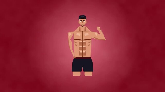 Pixel art muscular man flexing biceps animation on red background