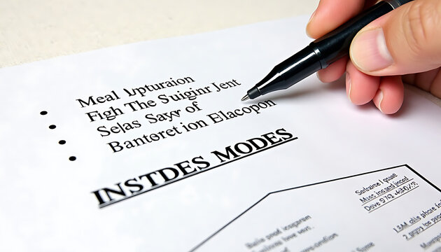 Hand holding pen writing on paper document with illegible text and 'INSTDES MODES' header, concept of unclear or secret instructions.