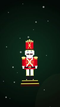 Pixel art nutcracker animation in snowy dark holiday night video loop