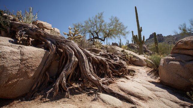 sunbleached. Massive, exposed root system of a cactus sprawling over sun-bleached desert rocks. gardening catalogs, home-decor guides, designed for home decor and floral branding.