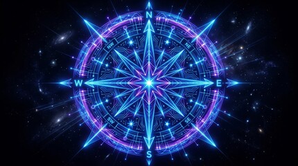 Fototapeta premium Futuristic compass with glowing digital navigation in space background