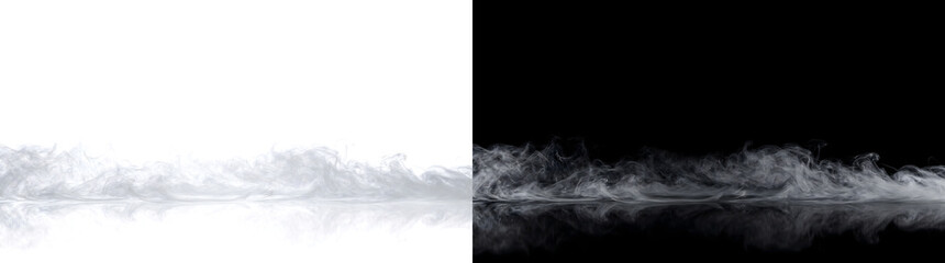Obraz premium Steam layer drifting low with a mirrored reflection on the floor for overlay use in PNG, Transparent and Black Background Versions
