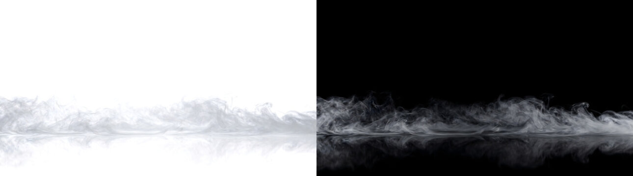 Steam layer drifting low with a mirrored reflection on the floor for overlay use in PNG, Transparent and Black Background Versions