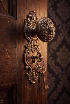 Antique brass door knob with vintage skeleton keys in ornate wooden door lock