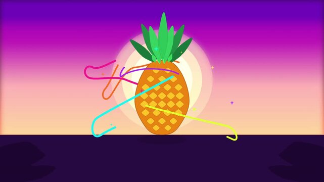 Pixel art pineapple loop animation in synthwave sunset style
