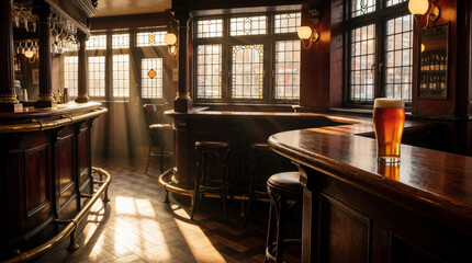Obraz na płótnie Canvas Traditional English pub interior with dark wood bar, brass details. Cold pint of ale sits on counter near large windows. Sunlight streams through stained glass into cozy tavern. Empty wooden stools