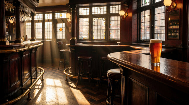 Traditional English pub interior with dark wood bar, brass details. Cold pint of ale sits on counter near large windows. Sunlight streams through stained glass into cozy tavern. Empty wooden stools