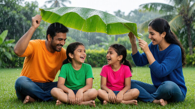 Happy Indian family sits on green grass during monsoon rain. Father mother, two young daughters laugh under large banana leaf. Smiling parents protect children from wet weather in tropical garden.