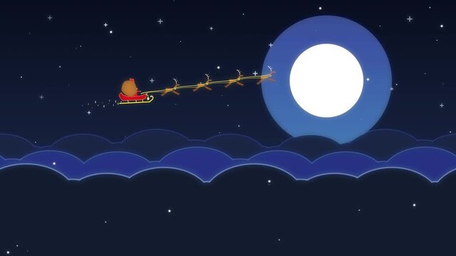 Pixel art santa sleigh flying moon night animation