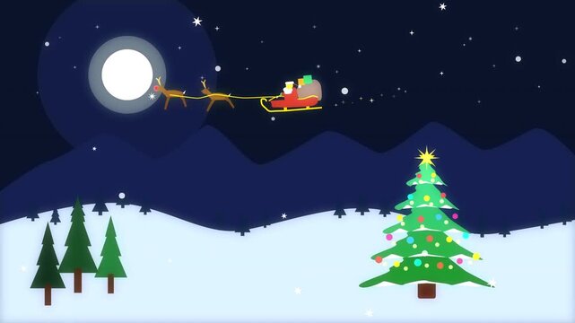 Pixel art Santa sleigh flying over snowy forest loop animation