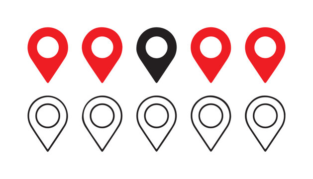 Map pin pointer location black and red icons outline set for gps navigation application.