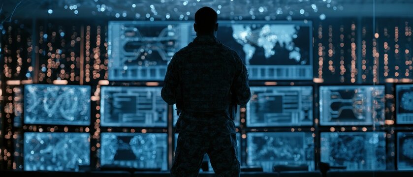 Soldier monitoring global data on multiple screens in a dark command center