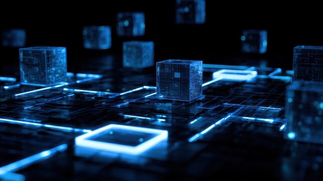Abstract glowing blue cubes and circuits on a dark digital network background