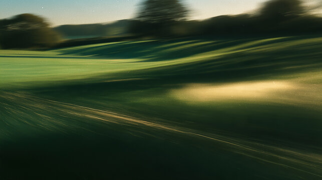 Motion Blurred Green Rolling Hills with Trees and Golden Light Streaks at Dusk