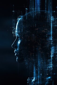 Digital human head profile with glowing blue circuit board patterns and data streams