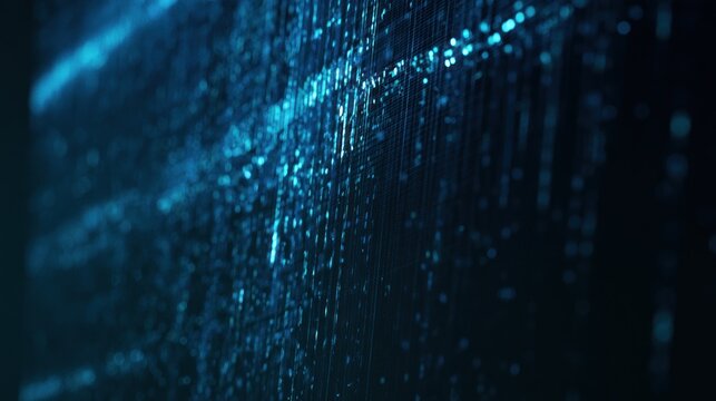 Abstract blue digital rain pattern with glowing particles and bokeh effect