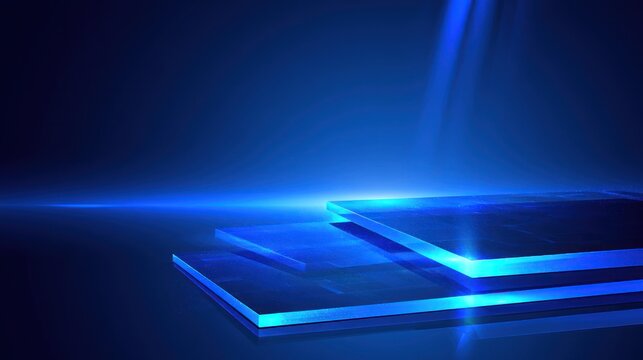 Abstract blue geometric shapes with spotlight and lens flare