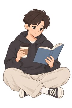 Cute Young Man Reading a Book and Holding Coffee &ndash; Flat Cartoon Vector Illustration