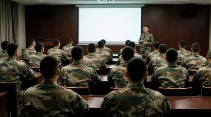 Fototapeta premium Military soldiers sit in classroom listening to instructor briefing. Group of troops in camouflage uniform attend training session with projection screen. Officers learn new tactics, skills during