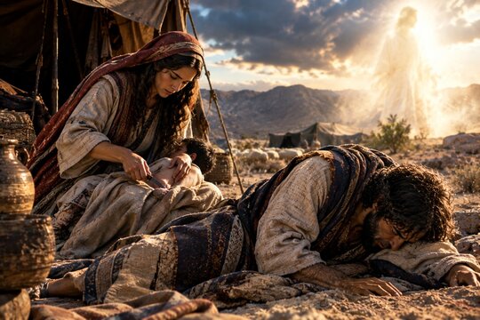 The Lord Confronts Moses &mdash; Zipporah's Rescue, Exodus 4
Biblical illustration depicting the mysterious encounter from Exodus 4, where Moses is confronted by the Lord at a lodging place on his journey t