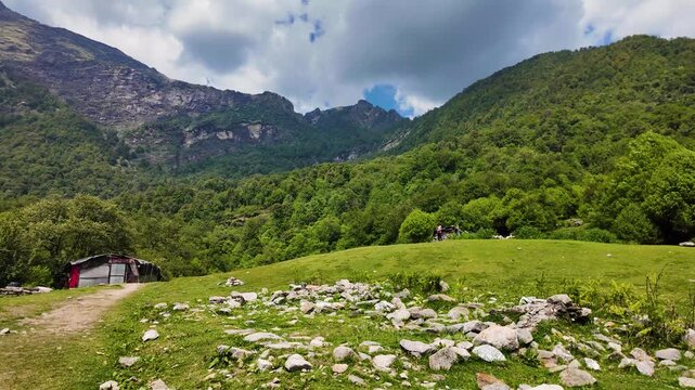 Camping tent near Rudranath Temple in Gopeshwar Chamoli Uttarakhand with mountain landscape view