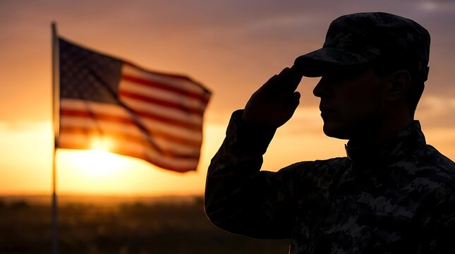Silhouette of a military soldier saluting the national flag during sunset for national freedom day with saluting silhouette national military patriotism ceremony