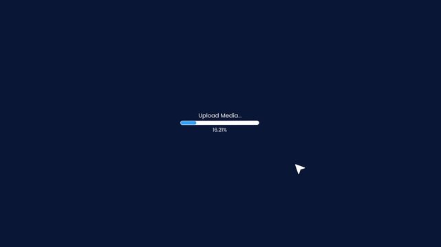 File uploading process with a progress bar and successful completion animation isolated on blue background