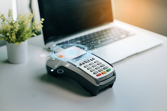 Contactless payment card terminal with wireless technology digital interface on office desk for financial transaction and business banking concept