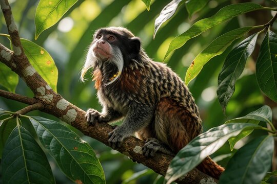 Small emperor tamarin monkey with long white mustache sits on tree branch. Cute primate looks up in tropical rainforest. Wild mammal lives in green jungle habitat among leaves. Endangered species