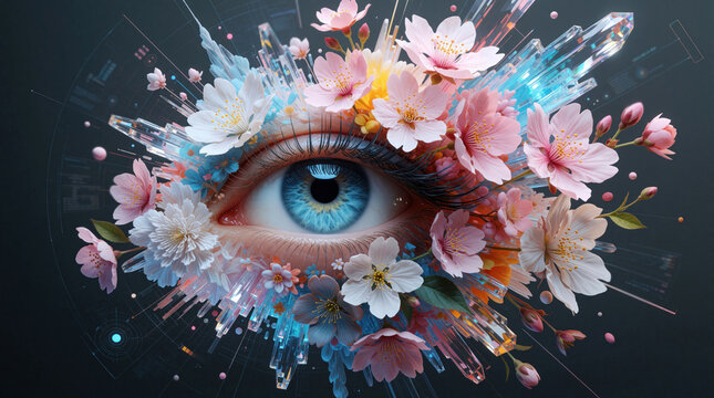 Surreal digital art shows large blue human eye surrounded by colorful spring flowers. Pink, white cherry blossoms bloom around iris with glowing crystal shards. Abstract geometric shapes, light rays