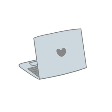 Minimalist laptop illustration with heart icon on cover, cute gray computer line art doodle, aesthetic work from home technology vector isolated on white background.