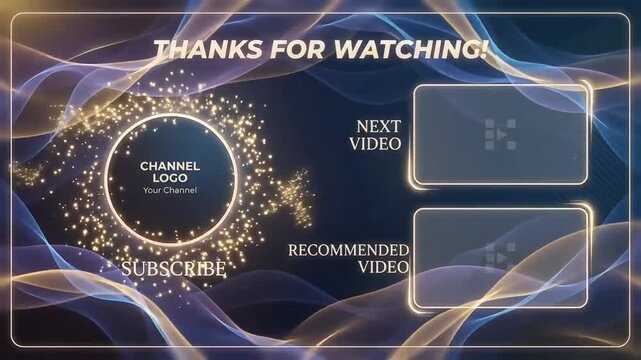 YouTube end screen template with golden waves motion background for channel outro video clip animation