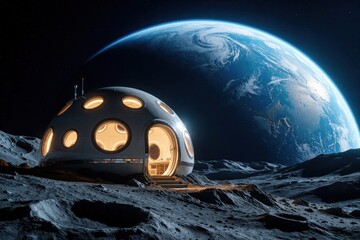 Fototapeta premium Futuristic dome base sits on barren moon surface. Modern space habitat with warm lights glows against dark cosmos. Large blue earth planet rises in background. Sci fi colony represents human