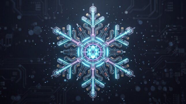 Luminous digital snowflake made of electronic circuits and neon light, symbolizing winter technology, innovation, connectivity, and artificial intelligence with copy space.