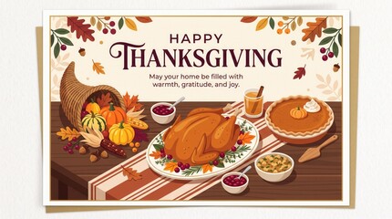 Fototapeta premium Illustrated Happy Thanksgiving Dinner Scene with Turkey, Pumpkin and Autumn Decorations