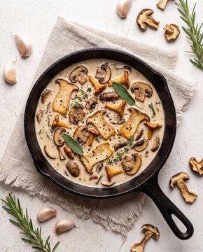 Creamy wild mushroom soup with chanterelles herbs garlic and black pepper in cast iron skillet