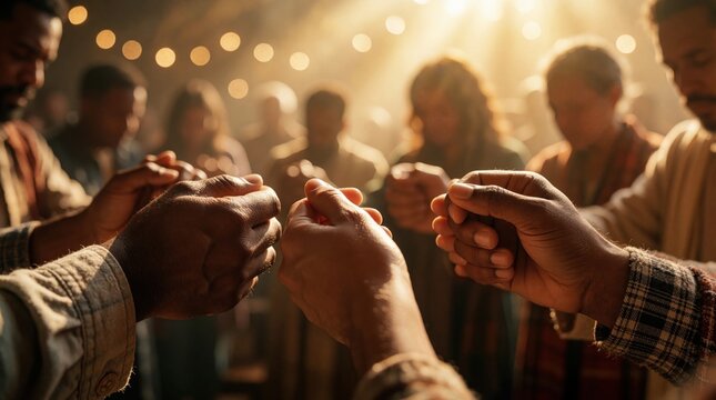 Diverse group of people join hands in prayer circle. Christians pray together in church for blessing, support. Group of friends hold hands during spiritual worship gathering. Multiracial community