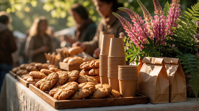 Freshly baked cookies, bread sit on wooden table at outdoor market. Paper cups, pink flowers decorate stall. People shop for tasty snacks, artisan treats under bright daylight. Local bakery goods