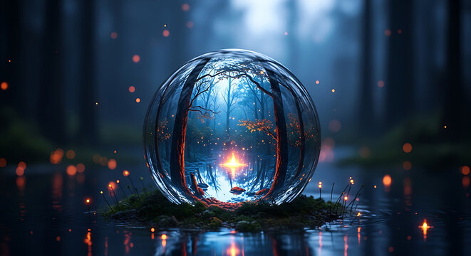 Glowing magic crystal ball with sparks in a dark forest