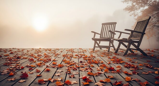 Two wooden chairs on a misty deck covered with fallen autumn leaves at sunrise