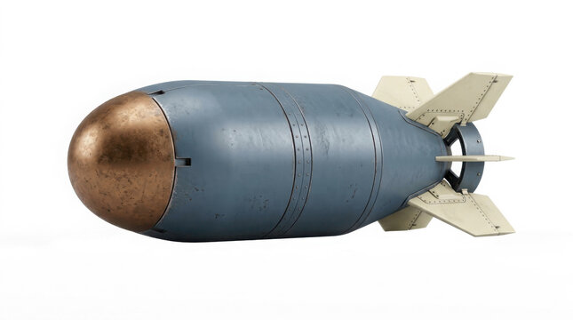 Detailed 3D rendering of a classic bomb with a copper nose cone and tail fins, generated using ai