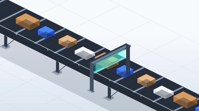 Pixel isometric conveyor belt animation scanning boxes in factory loop
